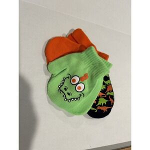 Dinosaur Mittens 3 Pair Super Cute Orange Lime Green Black Toddler New! BxMM